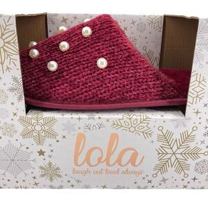 Lola Women’s Wine Red Faux Pearl Embellished Cozy Faux Fur Slippers 6.5 - 7.5